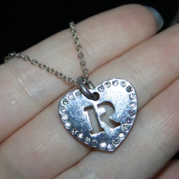 Silver R heart rhinestone necklace adjustable